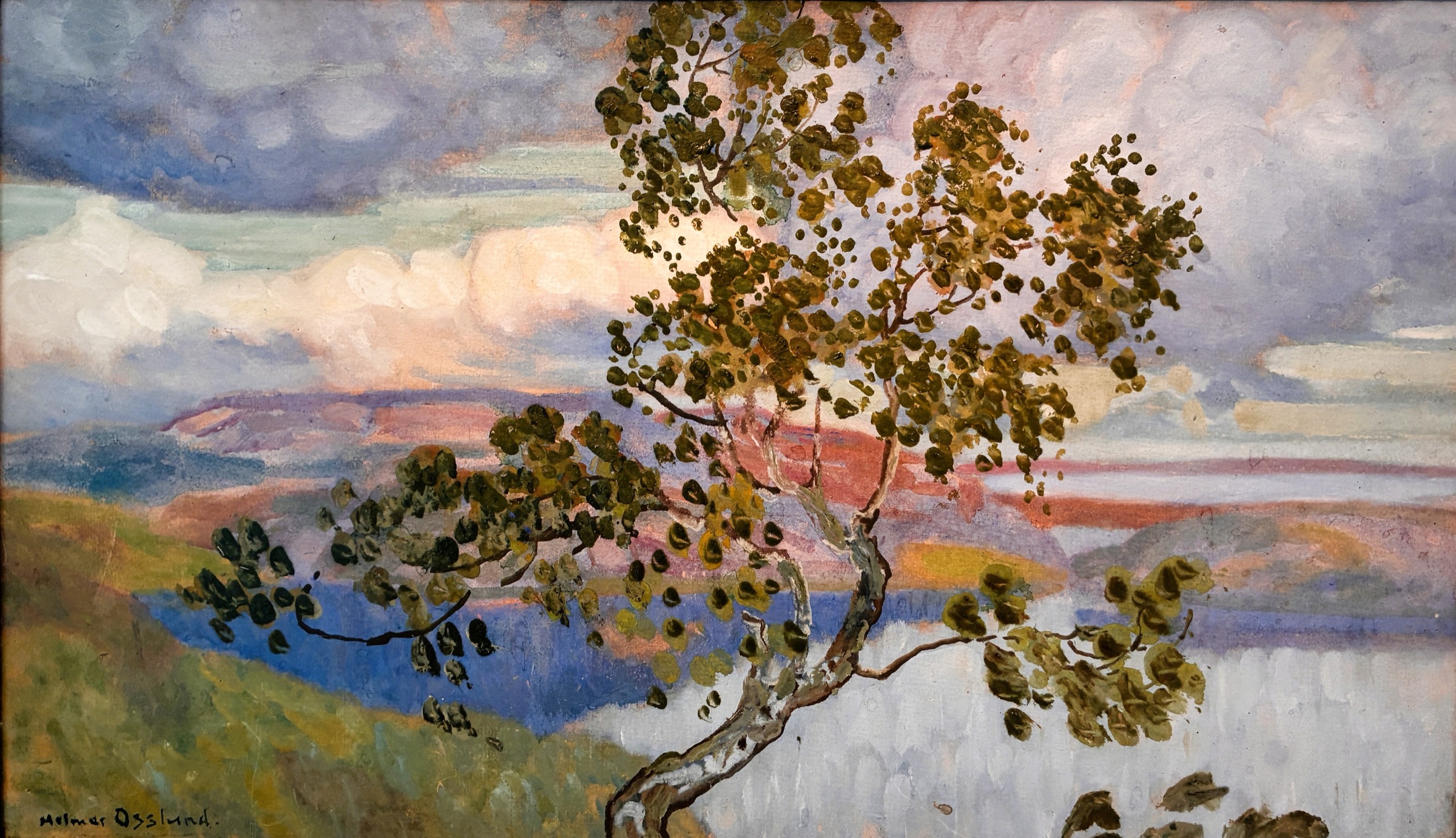 Helmer Osslund's painting of a birch tree above a lake in Norrland under a pastel evening sky.